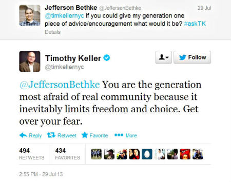 Spoken word poet and author Jefferson Bethke participated in a Twitter Q&A with Redeemer Presbyterian senior pastor Timothy Keller on Monday, July 29, 2013.