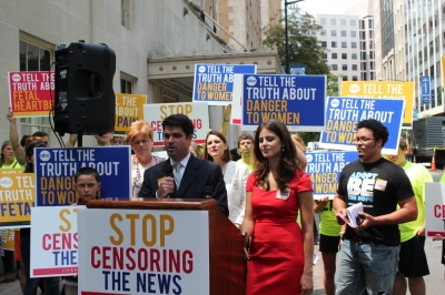 Media Research Center Political Director Christian Robey speaks, while Lila Rose, president and founder of Live Action, stands to his right. Behind them, from left to right stand pro-life advocate and nurse Jill Stanek, Americans United For Life President Charmaine Yoest, and Radiance Foundation Chief Creative Officer Ryan Bomberger, all of who spoke at the 'March on Media' protest Thursday, August 8, 2013, in Washington, D.C.