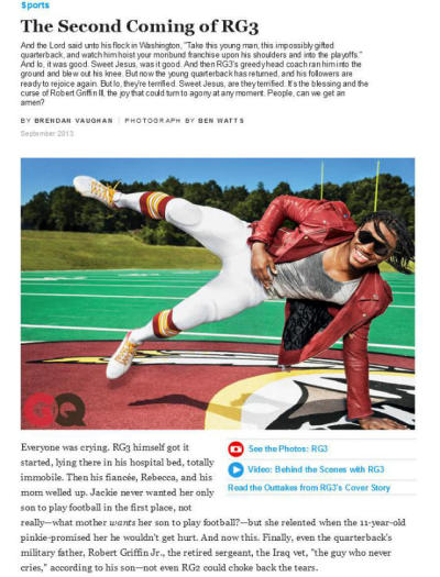 Washington Redskins quarterback Robert Griffin III (RG3) features on the September 2013 cover of GQ magazine. A web version of the story is shown in this image.