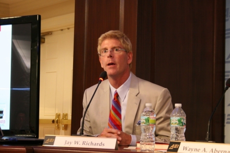 Apologist, scholar, and intelligent design advocate Jay Richards presenting his new book, 'Infiltrated: How to Stop the Insiders and Activists Who are Exploiting the Financial Crisis to Control Our Lives and Our Fortunes,' at the American Enterprise Institute on Thursday, August 15, 2013, in Washington, D.C.