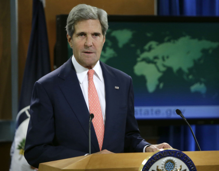 United States Secretary of State John Kerry addresses the media on the Syrian situation in Washington August 26, 2013. U.N. investigators took blood samples today from victims of an apparent poison gas attack that occurred on Wednesday in a rebel-held suburb of Damascus. Kerry on Monday, in a forceful statement, said all nations must stand up for accountability on the use of chemical weapons in Syria.