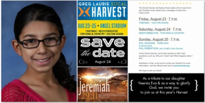 Invitation sent by family of Yesenia Eva Hernandez to attend SoCal Harvest, August 2013.