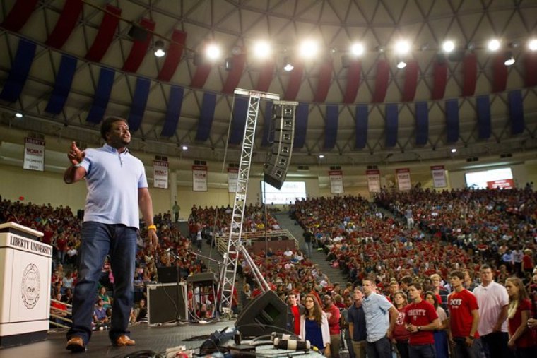 Derwin Gray, founder and pastor of Transformation Church and author of 'Limitless Life' speaks to 10,000 students at Liberty University's convocation in Lynchburg, Va., on Sept. 6, 2013.