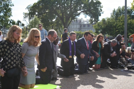 Around 100 people prayed together for Pastor Saeed Abedini in front of the White House. From left, the Rev. Pat Mahoney, Pastor L. Frazier White, the Rev. Rob Schenck, and Sen. Ted Cruz, among others.