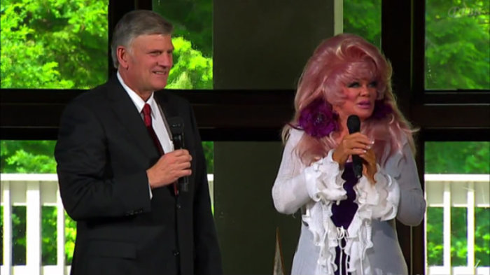 Jan Crouch is seen with evangelist Franklin Graham on a TBN program.