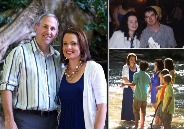 Left and bottom photos: Marie Monville with her second husband Dan and their children. Right photo: Marie and her first husband Charles early in their relationship.