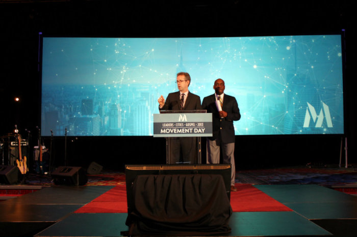 Dr. Mac Pier, Founder & CEO of The New York City Leadership Center, addresses Christian pastors, ministry leaders, and professionals gathered at the Marriott Marquis Thursday, Oct. 10, 2013, in New York City for the fourth annual Movement Day.