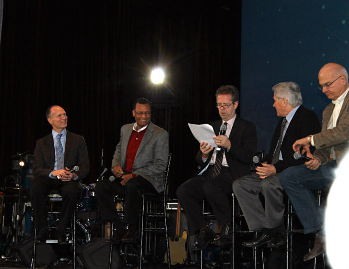 Kevin Palau, president of the Luis Palau Association, Pastor A.R. Bernard of the Christian Cultural Center, Mac Pier of the New York City Leadership Center, evangelist Luis Palau, and Pastor Tim Keller of Redeemer Presbyterian Church appear on stage Thursday, Oct. 10, 2013, in New York City at the fourth annual Movement Day.