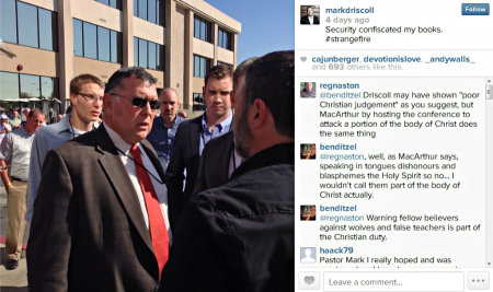 Mars Hill Church Pastor Mark Driscoll shared a photo on Instragm on Oct. 18, 2013, writing, 'Security confiscated my books,' with the hasghtag '#strangefire.'