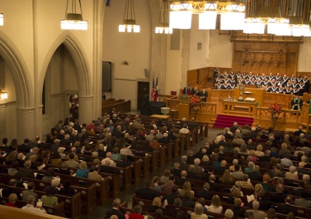 Inside the sanctuary of Highland Park Presbyterian Church in Dallas, Texas.