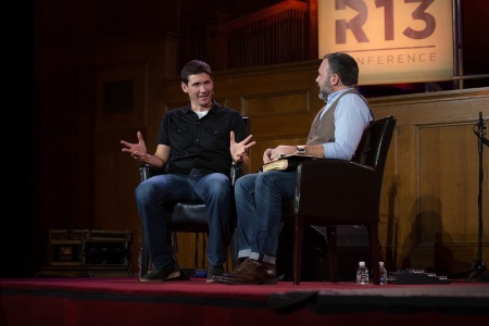 Pastor Matt Chandler (L) discusses call to resurgence with Pastor Mark Driscoll during conference at Mars Hill Downtown Church in Seattle, Nov. 5, 2013.