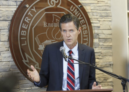 Jerry Falwell Jr., president of Liberty University, talks with the members of the media Nov. 19, 2013, about a student shot in a confrontation with a campus police officer in Lynchburgh, Va. The student, Joshua Hathaway, reportedly attacked the officer with a sledgehammer.