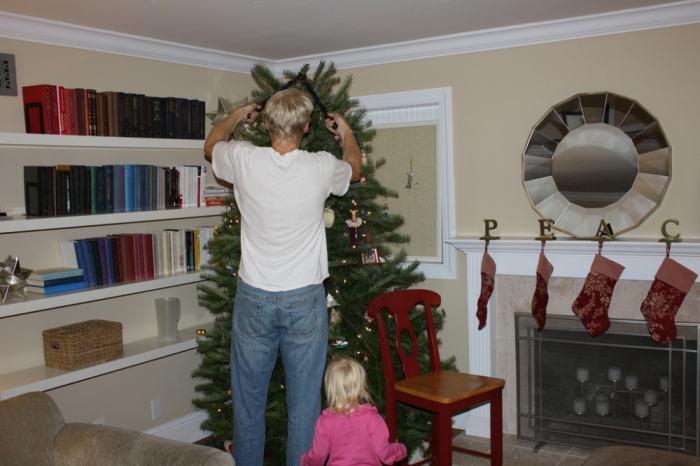 Decorating Christmas tree.