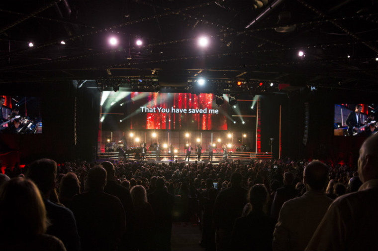 Marshall Hall and the worship band perform on stage at 'A Night of Celebration in NYC with David Jeremiah & Friends' at Madison Square Garden on Thursday, Dec. 5, 2013.