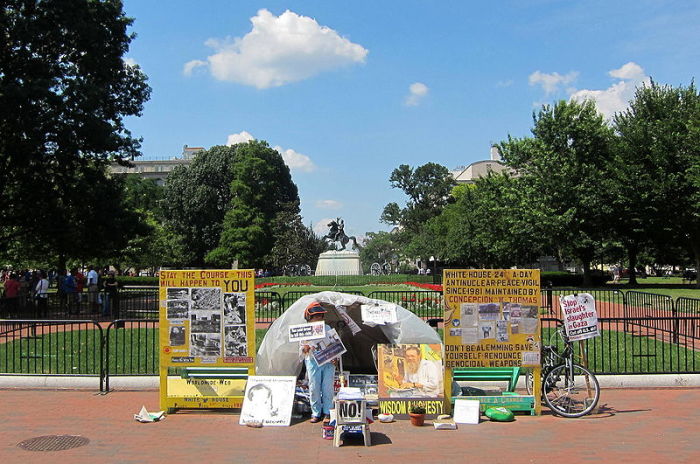 The three decade old Peace Vigil, overseen by the Peace House, standing as a protest against nuclear weapons and war.