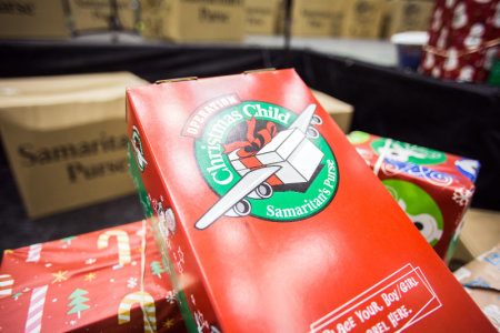 Operation Christmas Child, the annual holiday outreach event organized by Franklin Graham's Samaritan's Purse, shipped off more than 60,000 shoeboxes for young survivors of Typhoon Haiyan in the Philippines on Thursday, Dec. 12, 2013, at JFK Airport's Hangar 19 in New York City.