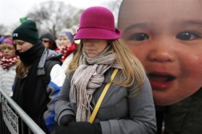 People bow their heads in prayer as they participate in the annual March for Life rally in Washington, D.C., Jan. 25, 2013.