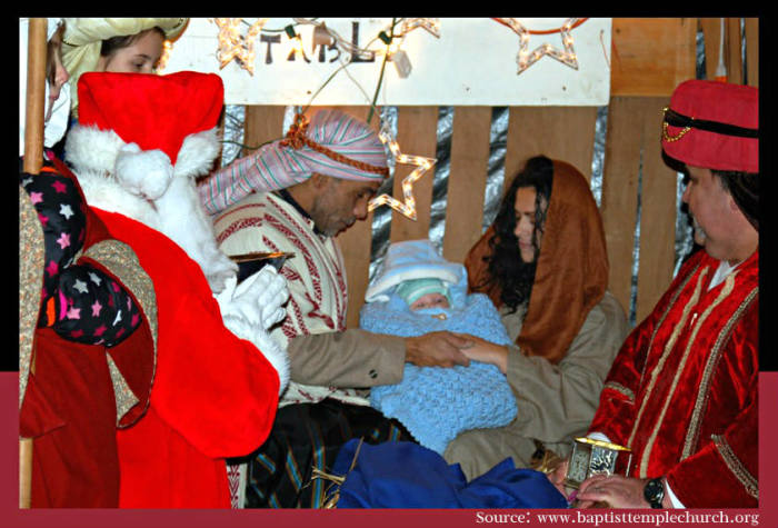 Baptist Temple Church in Fall River, Mass., has launched its live nativity scene for the 2013 holiday season and features in its online photo gallery of the setting Santa Claus, in full costume, bowing before a baby Jesus.