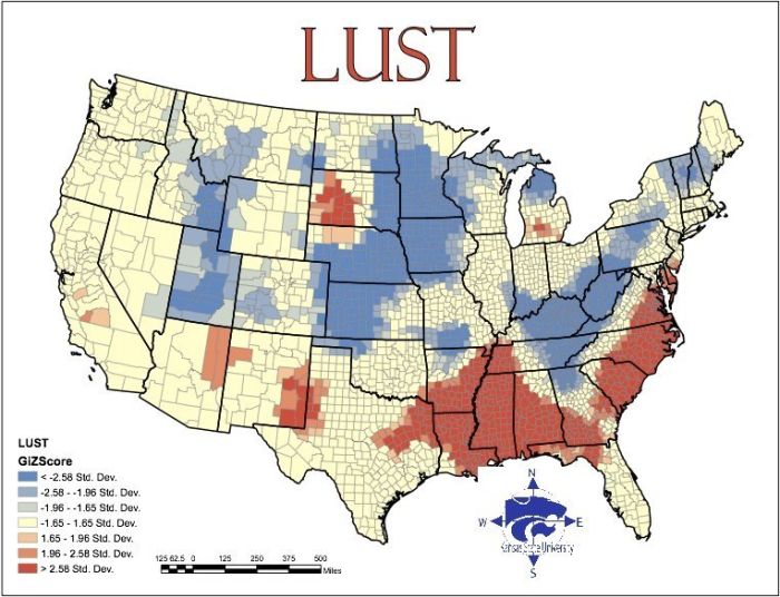 In 2009, Kansas State University Geographers mapped out the 'Seven Deadly Sins.' Here is the list for lust.