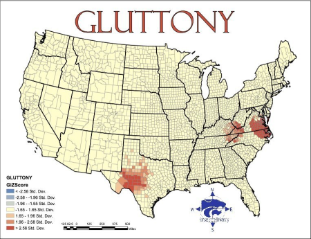 In 2009, Kansas State University Geographers mapped out the 'Seven Deadly Sins' across America. Here is the map for gluttony.