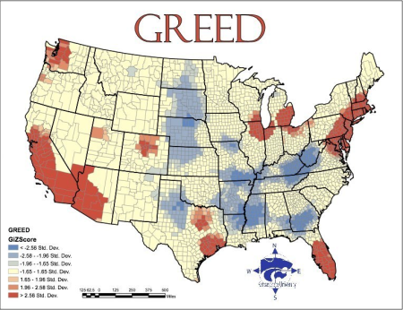 In 2009, Kansas State University geographers mapped out the 'Seven Deadly Sins' across America. Here is the map for greed.