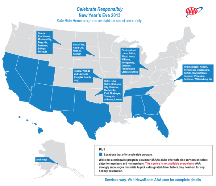 AAA Tipsy Tow New Year's Map