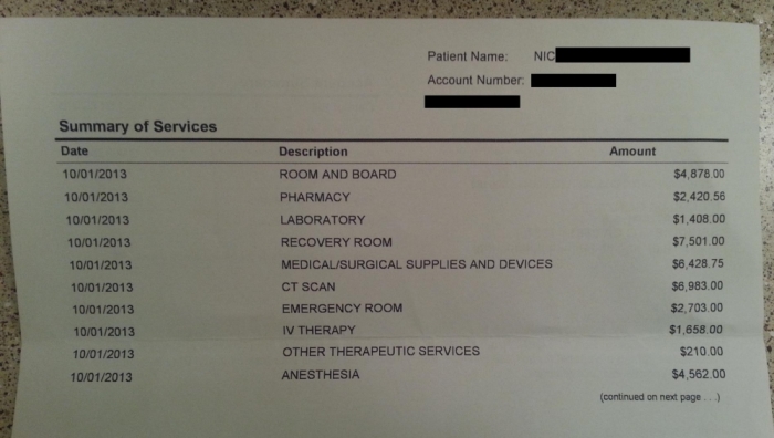 The 2nd page of a three-page hospital bill a 20-year-old man received from Sutter General Hospital in Sacramento, Calif., for an appendectomy.