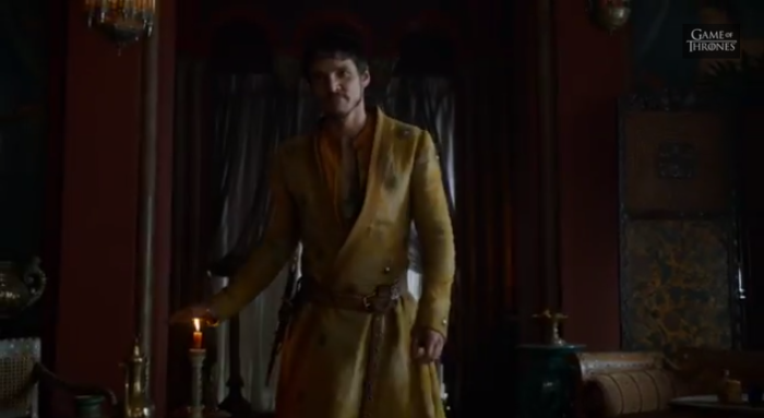 'Tell your father I'm here, and tell him the Lannisters aren't the only ones who pay their debts,' Oberyn Martell (Pedro Pascal) orders Tyrion Lannister (Peter Dinklage) in this intriguing shot from the Game of Thrones Season 4 trailer.