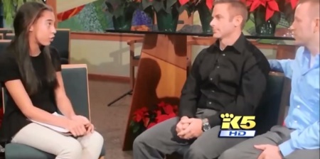 Former Eastside Catholic School Vice Principal Mark Zmuda sits next to his gay partner while explaining to former student Catrina Crittenden that he believes he was fired in December 2013 for marrying a man.