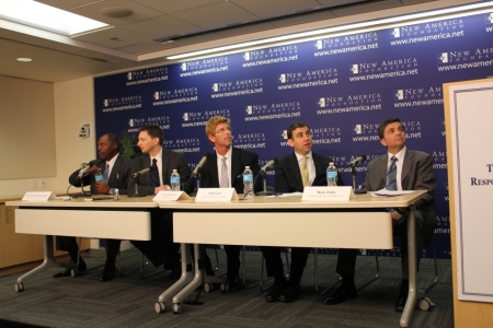 John Allen Newman, senior pastor of The Sanctuary at Mt. Calvary Church in Jacksonville, Florida, Marc Goldwein, senior policy director at the Committee for a Responsible Federal Budget, Jay Richards, distinguished fellow at the Institute for Faith, Work and Economics, Josh Good, program manager for the Values & Capitalism initiative at the American Enterprise Institute, and Mark Tooley, president of the Institute on Religion and Democracy, discussed the morality of the national debt in Washington, DC on Thursday.