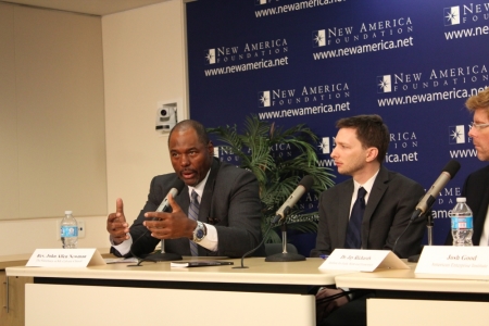 John Allen Newman, senior pastor of The Sanctuary at Mt. Calvary Church in Jacksonville, Florida, speaks about the church's mission as a moral benchmark above politics at a 'Morality and the Debt' event in Washington, DC on Thursday. Marc Goldwein, senior policy director at the Committee for a Responsible Federal Budget, and Jay Richards, distinguished fellow at the Institute for Faith, Work and Economics, look on.