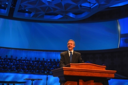 Pastor Robert Jeffress behind the pulpit at First Baptist Dallas, Texas.