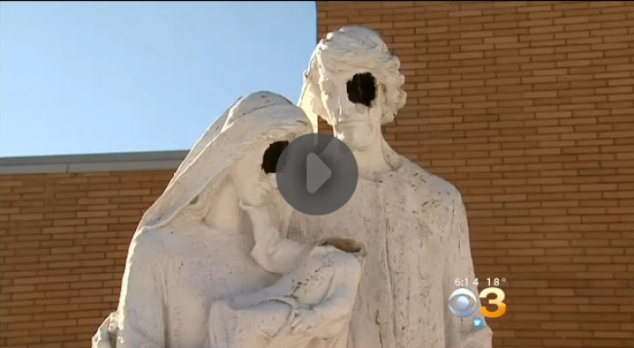 A statue of the Holy Family (Jesus, Mary, and Joseph) vandalized by unknown attackers last week in Vineland, New Jersey.