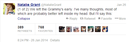 On Sunday, award-winning gospel singer Natalie Grant announced that she left the Grammy's early via twitter.