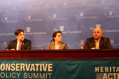 Congressman Raul Labrador and Heritage Foundation scholar Sarah Torre listen as Austin Nimocks, senior counsel at Alliance Defending Freedom, discusses the current threats to religious freedom in the public square, at The Heritage Foundation on Monday.