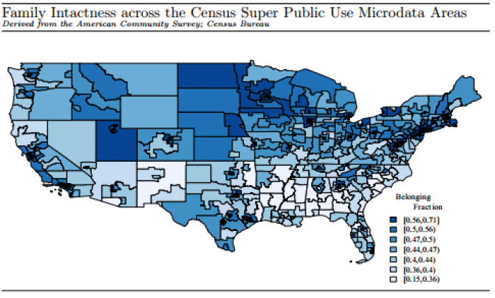 This map shows the states where family belonging (whether or not a biological mother and father are still married when the child is 15-17) is highest and lowest in the United States. The darker the color, the more belonging.