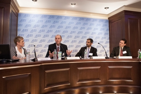 A panel discussion at the American Enterprise Institute, 'Connecting orphans with families: New insights from the front lines,' featuring (L to R) Kathryn Edin, Aaron Graham, Jason Weber, Matt Weidinger, Washington, D.C., Feb. 12, 2014.