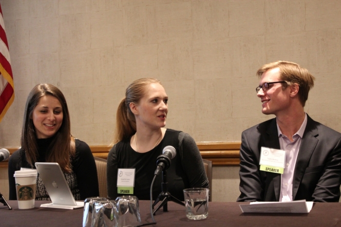 Jacqueline Otto Isaacs speaks at the Christianity and Libertarianism Panel at the International Students for Liberty Conference on Saturday. Elise Amyx and Taylor Barkley look on.