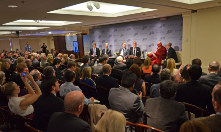 The Dalai Lama, the religious leader of Tibetan Buddhism, speaks at The American Enterprise Institute in Washington, DC on Thursday, February 20. Arthur Brooks, Daniel Loeb, R. Glenn Hubbard, and Jonathan Haidt look on.