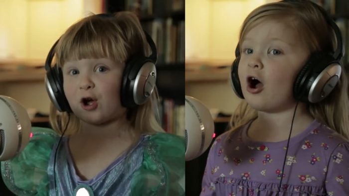 Screengrab of Maddie and Zoe singing 'Let It Go' from Disney's 'Frozen'