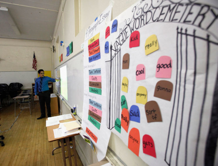 Trainee English teacher Juan Salinas from the Teach for America program is pictured during class at George Washington Carver Middle School in Los Angeles, California July 18, 2012.