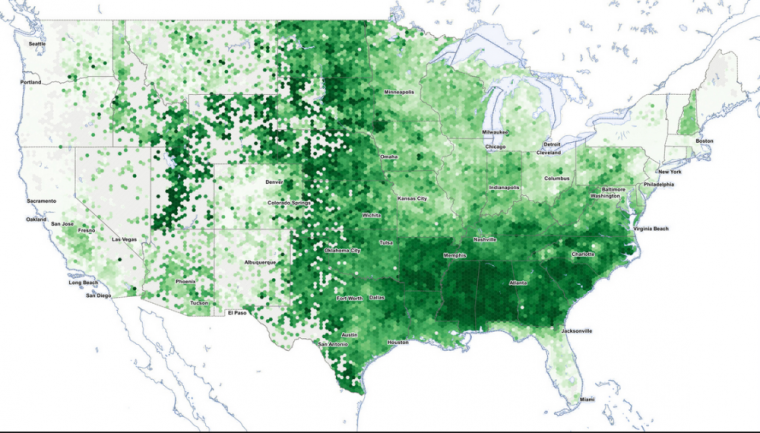 Clarity Campaign Labs, a liberal/progressive strategies firm, created this map of church attendance across the United States based on voter registration data.