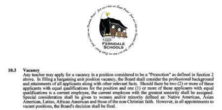 The language in the contract between Ferndale Public Schools and the teachers union which has been attacked as 'anti-Christian.' These rules explicitly stipulate that 'special consideration shall be given...to those of the non-Christian faith.'