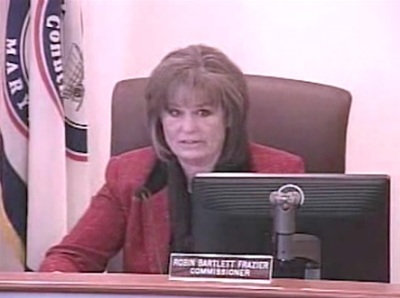 Robin Bartlett Frazier, commissioner of Carroll County, Md. defying a judge's injunction and reciting a sectarian prayer at a county budget meeting on Thursday, March 27, 2014.