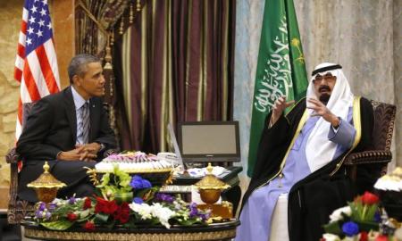 U.S. President Barack Obama meets with King Abdullah at Rawdat al-Khraim (Desert Camp) near Riyadh in Saudi Arabia, March 28, 2014.