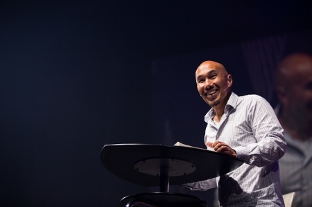 Evangelist and church planter Francis Chan speaks during the Catalyst West conference at Mariners Church in Irvine, April 4, 2014.