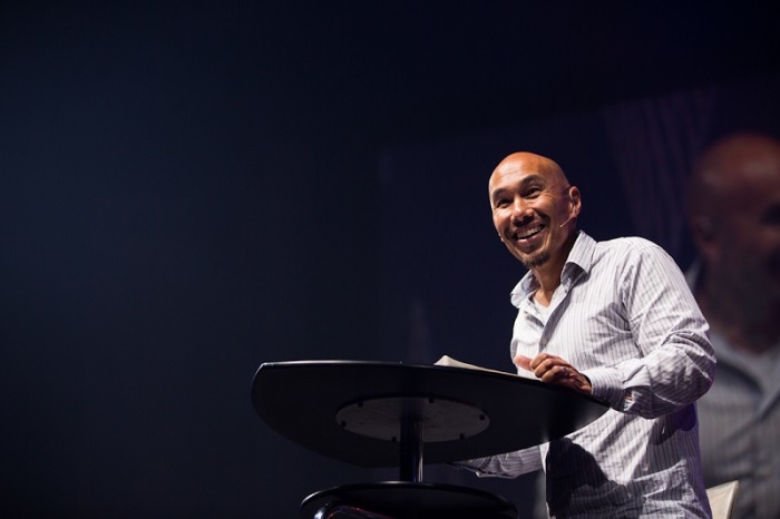 Evangelist and church planter Francis Chan spoke on having a relationship with Jesus with less distractions during the Catalyst West conference at Mariners Church in Irvine, April 4, 2014.