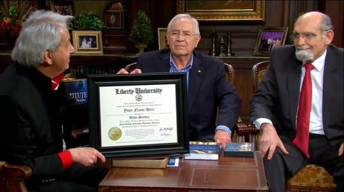 Evangelist Benny Hinn discusses on his 'This Is Your Day' television program the Institute of Biblical Studies from Liberty University, with guests Dan Reber and Dr. Ronald Godwin, senior vice president for Academic Affairs and Provost for the university.