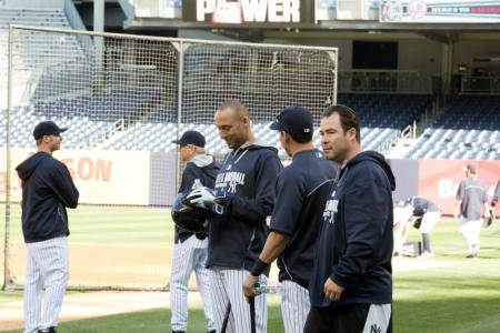 Derek Jeter and New York Yankees teammates are seen during batting practice on Wednesday, April 9, 2014, at Yankee Stadium in the Bronx, NYC.