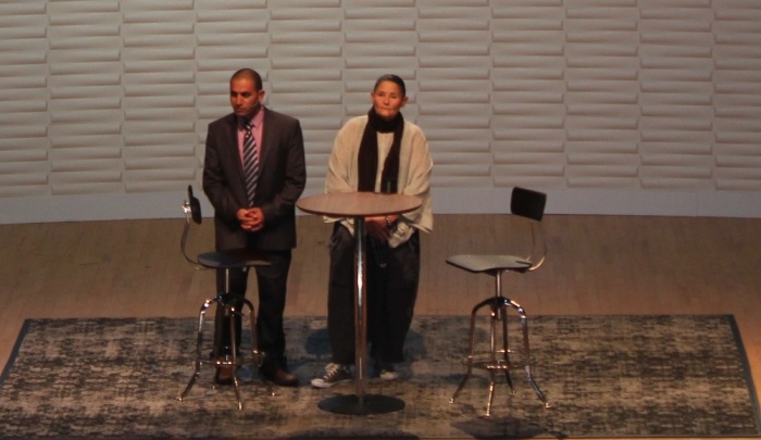 Bassam Aramin, a Palestinian man whose 10-year-old daughter was killed by Israeli forces, and Robi Damelin, an Israeli woman whose son was shot and killed by a Palestinian sniper, discuss their friendship at the Q Conference in Nashville, Tennessee, April 23, 2014.